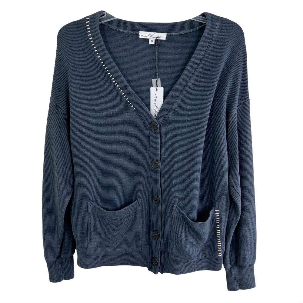Red Haute Revolve Loungewear Ribbed Contrast Stitch Button Up Cardigan S